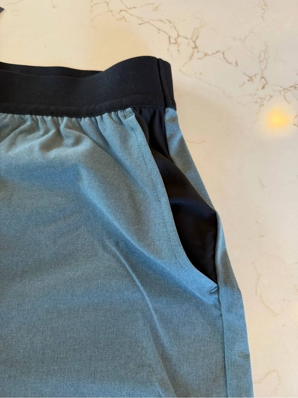 NWT OHMME The Warrior Men's Pilates/Yoga Shorts in Slate Blue Black Waistband MD